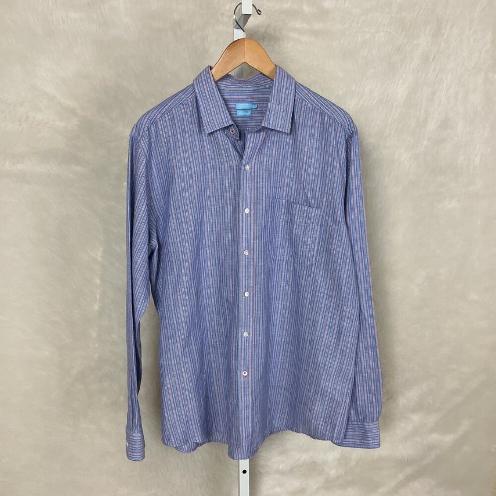 J. McLaughlin Men's Gramercy Modern Fit Red, White & Blue Linen Cotton Shirt XL